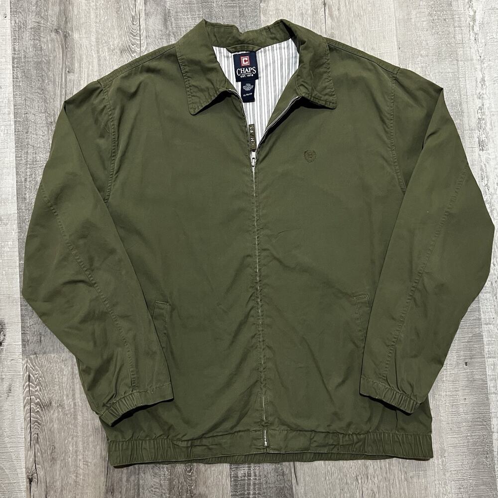 Chaps Mens Bi Swing Bomber Jacket Olive Green Cotton Twill Plaid Lined Full Zip